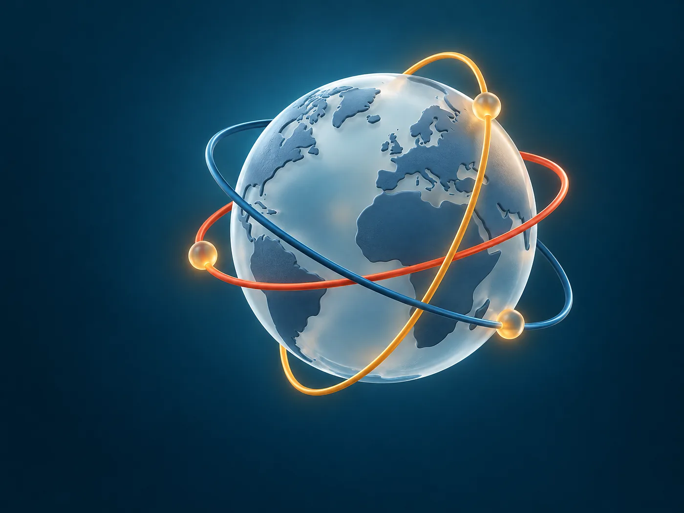 Un globo di vetro con Europa e Africa in primo piano, circondato da tre orbite colorate